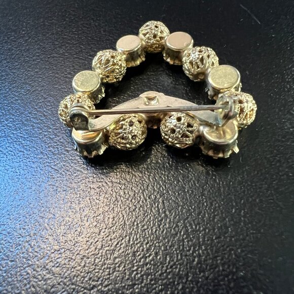 Vintage Heart Brooch Gold Tone Filigree Beads Clear Rhinestones Romantic Jewelry - Picture 7 of 7